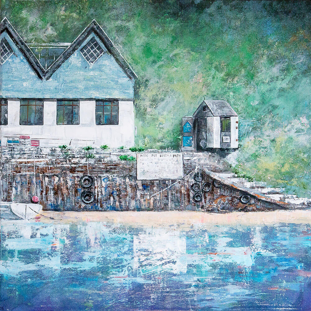 A beachhouse reflecting in quiet blue waters