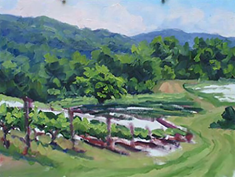 Nearly completed painting, with foreground of vinyard finished