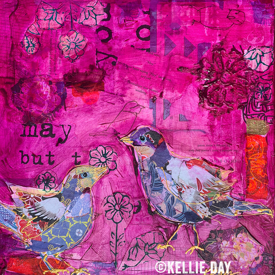 Mixed-media birds by Kellie Day